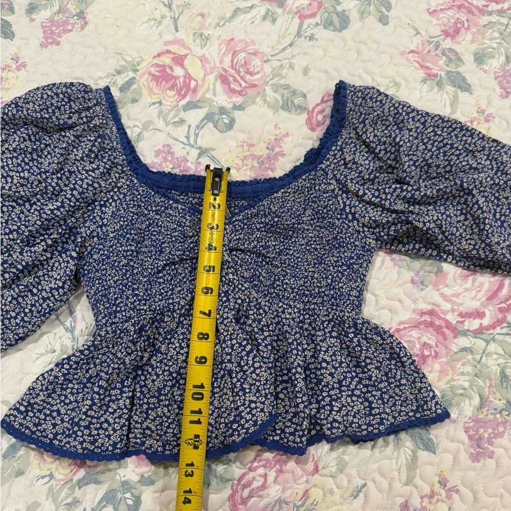 Free People‎ Brittnee Print Smocked Back Peplum Top in Blue Combo Size XS